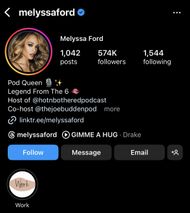 Melyssa Ford's Instagram profile features Drake's GIMME A HUG audio clip. (Image via Instgram/@melyssaford))